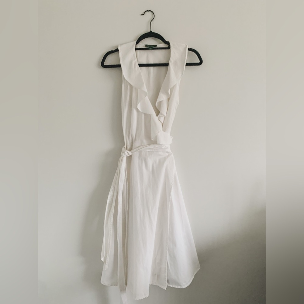 LRL Jeans Ralph Lauren White Summer Ruffle Front Cotton Wrap Dress Size 8